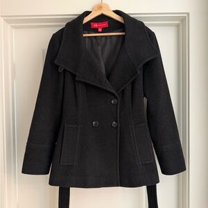 Anne Klein Black Wool Blend Peacoat Belted Double Breasted Coat Size Large